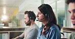 Talk, coworkers and people with headset in call center, lead generation and telemarketing for sales. Discussion, agent and team with mic for communication with contact, web and consultation with tech