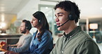 Business, call center and man in workplace, communication and contact us with tech support. People, consultation and employees in office, headset and customer service with help desk, talking and crm