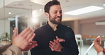 Man, team and happy for applause in office at night with promotion, goals or success at media company. Person, group and clapping hands for achievement, motivation and celebration at creative agency