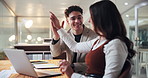 High five, meeting and business people on laptop with good news for project, online article or teamwork. Publishing agency, office and man with woman celebrate submission, review and editing proposal