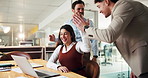 Business woman, laptop and team with celebration for trading success, financial win or good investment risk. High five, support or fist pump with people for stock market growth and trader profit
