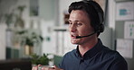 Happy, telemarketing and man with coffee in call center, smile and explaining services with headset. Business, consultation and person with mic for communication, lead generation and hot beverage