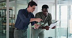 Business men, discussion and document with tablet in office for meeting, proposal feedback and report advice. Employees, digital tech and lobby for schedule planning, agenda or briefing conversation