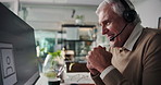 Mature man, computer and headset at office, smile and talk with screen for climate consulting at agency. Person, happy and agent with voip mic, contact or advice for sustainable business at help desk