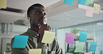 Reading, glass and black man with thinking for planning, project management or solution in office. Creative agency, sticky note and worker with mind map for business strategy, ideas or brainstorming
