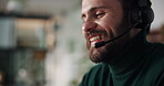 Happy, man and talking with headset in call center for product knowledge, lead generation or sales. Space, friendly telemarketing agent or speaking to outbound customer for service promotion or offer