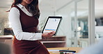 Tablet screen, presentation and woman in office, charts for profit increase and data analytics. Person, employee and investor in workplace, review investment and results for funding report and graphs