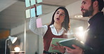 Business people, night and schedule planning with sticky note for team strategy in office. Group, employees or colleagues working late with tablet for tasks, agenda or project ideas on glass board