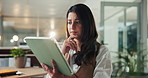 Business, thinking and woman in office, tablet and decision for news publication. Person, solution and journalist in workplace, tech or research for story, creative agency or problem solving with app