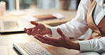 Hands, explain and business woman with webinar, video call or upskill workshop with discussion. Person, computer with keyboard and gesture for virtual coaching or corporate training online seminar
