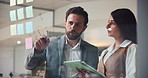 Business team, tablet and writing on glass in office for profit margin, pricing strategy and planning. Financial stakeholders, people and notes with tech for operational efficiency and startup growth