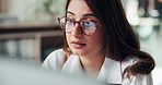 Computer, online and woman with glasses in office, overtime and working late for financial analysis. Business, bookkeeper and person with tech for research, reflection and data for deadline or chart