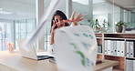 Woman, chaos and throw paper at office with headache, stress or overwhelmed with financial crisis. Person, accountant and migraine with laptop, pain and frustrated with paperwork for audit at agency