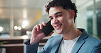 Phone call, smile and businessman in office with communication, connection or networking for career. Cellphone, happy and male magazine editor on mobile discussion for contact on article publishing.