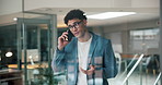 Businessman, discussion or night with phone call in office for negotiation, conversation or chat. Man, employee or consultant talking on mobile smartphone for online proposal, business advice or help
