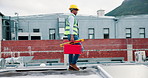 Toolbox, solar panel and engineer man outdoor on rooftop with equipment for sustainable environment. Urban development, innovation and clean energy for grid, walking or photovoltaic maintenance