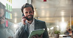 Glass wall, phone call and tablet with business man in office for negotiation, planning or update. Review, storyboard and thinking with employee speaking on mobile for project management ideas