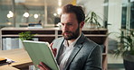 Office, businessman and tablet with thinking, investment review and finance report at night. Late, male person and financial advisor with tech for risk management, budget growth and overtime audit