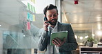 Phone call, storyboard and tablet with business man in office for negotiation, planning or update. Conversation, review and thinking with employee speaking on mobile for project management ideas