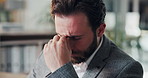 Business, headache and man in office, stress and frustrated with fatigue, debt and pressure. Person, employee and consultant in workplace, migraine and deadline with symptoms of exhaustion or burnout