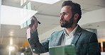 Businessman, strategy and writing on sticky note with tablet, online research and planning for project. Brainstorming, problem solving and person in office with digital tech, solution and ideas.