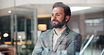 Arms crossed, thinking and window with business man in office for management or supervision. Development, planning and reflection with thoughtful employee in corporate workplace for inspiration