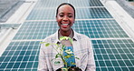 Face, solar panel and black woman with plants, pride and ecology with renewable energy. Eco friendly, happy farmer and African person with sustainable future, natural growth or clean power with smile