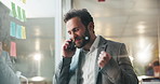 Fist pump, phone call and storyboard with business man in office for good news, planning or update. Celebration, discussion and review with employee speaking on mobile for project management success