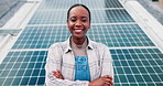 Face, black woman and technician with arms crossed for solar panel installation, about us and maintenance. Portrait, electrician and happy for career pride, photovoltaic repairs and renewable energy
