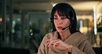 Night, agent and woman with laptop, talk or communication with contact for lead generation or sales. Serious, representative and mature person with headset, dark and telemarketing in call center