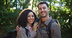 Face, hiking and couple with fitness, smile and bonding together with support, nature and love. Outdoor, embrace and happy man with woman, environment and travel with tourism, break and countryside