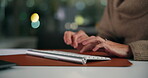 Hands, person and typing in keyboard in office at night for research, feedback and editing article. Journalist, bokeh and tech for writing story, news report and information for publication deadline