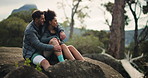 Happy, relax and couple on mountain for hike on holiday, adventure or weekend trip together. Smile, love and man with woman on break for trekking exercise in nature on romantic vacation or getaway.