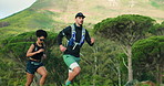 Fitness, couple and running exercise on mountain together for outdoor workout, challenge and benefits. Runner, man and woman in woods for health, wellness and marathon training with cardio in nature.