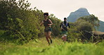 Workout, couple and running exercise on mountain together for outdoor fitness, challenge and benefits. Runner, man and woman in bush for health, wellness and marathon training with cardio in nature.