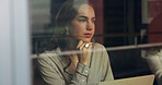 Thinking, window and woman in office on laptop with ideas for project, planning and news article. Media agency, creative and person with inspiration for proofreading, editing report and submission
