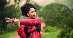 Woman, fitness and stretching arms in nature, exercise or ready for run or hiking in woods. Athlete, warm up and muscle prep before workout, cardio and space in forest to start trekking challenge