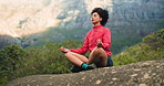 Woman, relax and meditation with break on mountain for breathing exercise or fresh air in nature. Calm, female person or rest with zen on outdoor cliff for spiritual wellness, health or inner peace