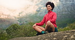 Happy woman, relax and mountain with meditation on rock for breathing exercise or fresh air. Active, female person or break with smile on outdoor cliff for spiritual wellness, health or tranquility
