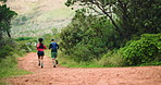 Fitness, couple and running exercise on path together for outdoor workout, challenge and back. Runner, man and woman in mountain for health, wellness and marathon training with cardio in nature.