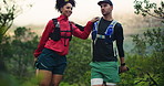 Fitness, stretching or couple on mountain for outdoor workout, happy runner or marathon preparation. Endurance training, smile or man and woman together in nature for exercise, warm up and support