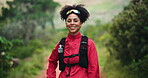 Face, woman and sunglasses with hiking in forest, nature park or environment for trekking with smile. Female hiker, happiness and fresh air with travel, shades and tourist in woods for exercise