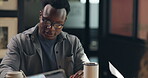 Feedback, manager and black man in office at night for meeting, investment proposal or budget plan. Collaboration, document review and business person with notes, advice or deadline for presentation.