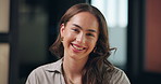 Happy, night and face of business woman in office for copywriting, editing and publishing career. Professional, creative and portrait of worker with confidence, ambition and smile for journalism