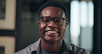 Office, night and face of business black man in office for copywriting, editing and publishing career. Happy, creative and portrait of worker with confidence, ambition and glasses for news agency
