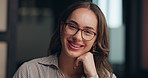 Happy, glasses and face of woman in office for copywriting, editing and publishing career. Journalism, creative business and portrait of worker with confidence, ambition and smile for news agency