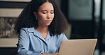 Business, woman or laptop with typing at agency for article research, proofreading blog or editing. Journalist, employee and tech in office for source verification, story development and publication