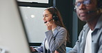 Computer, headset and smile with woman in call center for assistance, feedback or solution. Communication, contact us and help with happy employee in coworking office for customer service or support