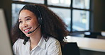 Call center, happy and woman in office on computer for online help, consulting and communication. Professional, discussion and worker with headset for customer support, crm service and contact us