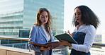 Business women, balcony and tablet with meeting outdoor for planning, strategy or conversation. Building, city or real estate with client, developer or management for commercial investment on rooftop